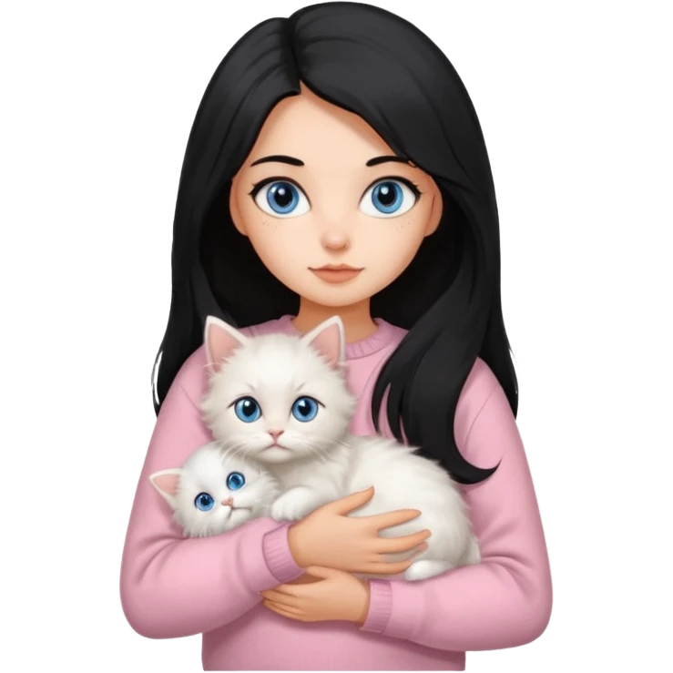 Girl with mid long black hair in soft pink sweater holding A 2-month-old Persian-Angora mix kitten with blue eyes and mostly orange fur with white patches cat emoji