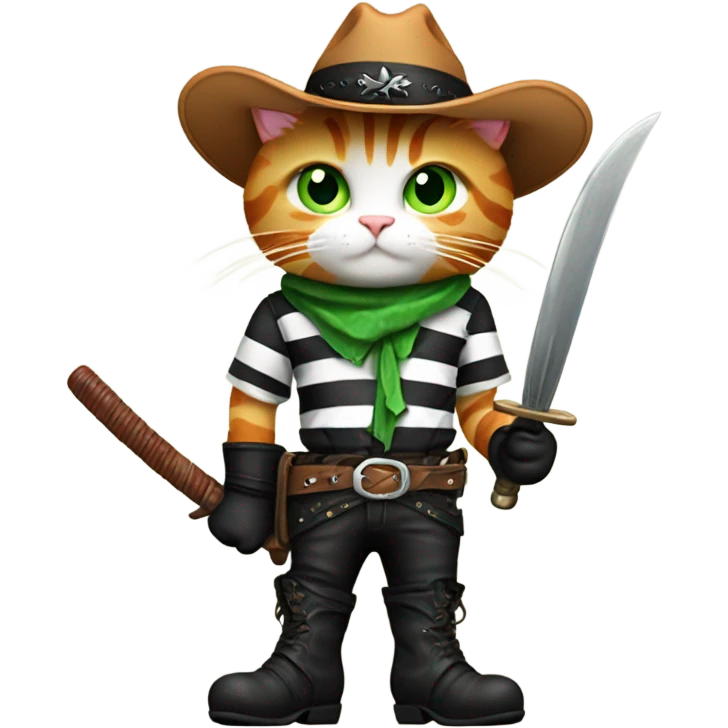 ginger striped cat with green eyes with black leather boots and cowboy hat standing on two back feet holding a fencing sword in its right paw emoji