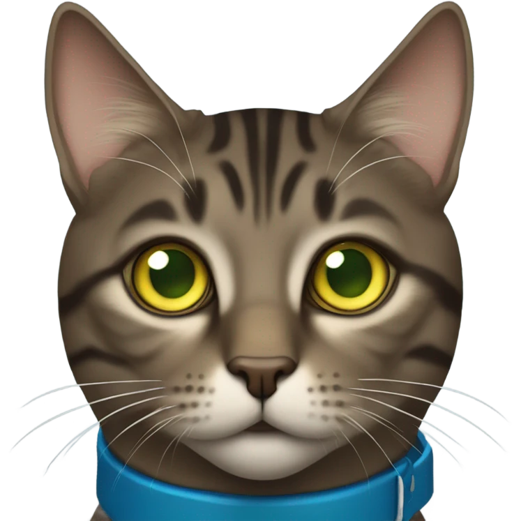 Dark brown tabby cat blue collar yellow green eyes emoji