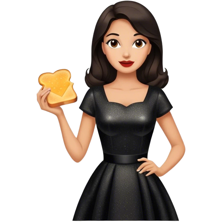 Beautiful woman in 1950’s woman fashion look, black shimmery dress, long dark brown hair, grilled cheese sandwiche emoji