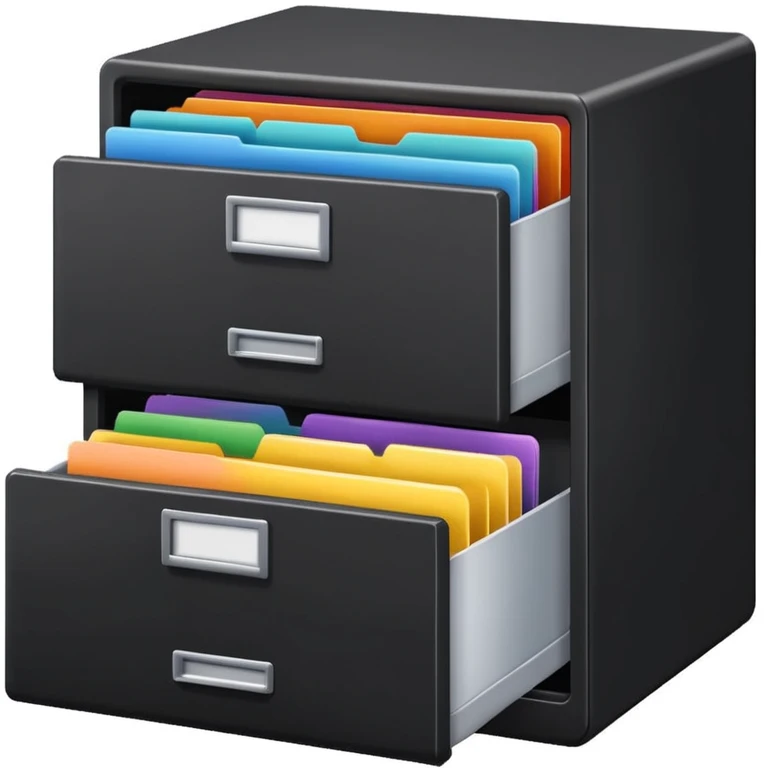 black filing cabinet with open bottom drawer with colorful folders emoji