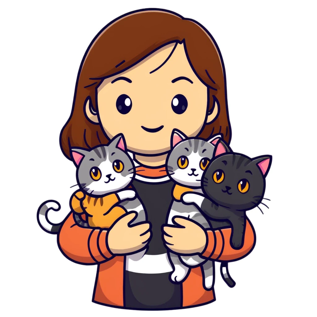 Tan brown-haired girl holding three cats, one black cat, one grey cat, and one grey-striped cat emoji