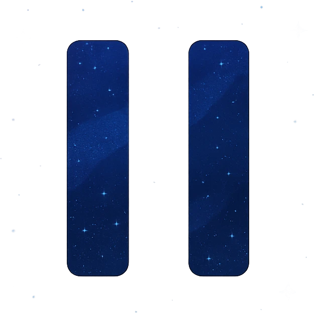 pause icon, modern clean lines with neon border and glowing effect, dark purples blues blacks base, nebula gradients, small bright stars, specular highlights, luminous look emoji