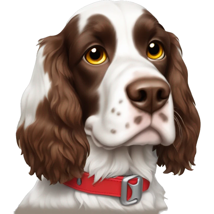 A brown and white English springer spaniel in a red collar he has yellow eyes emoji