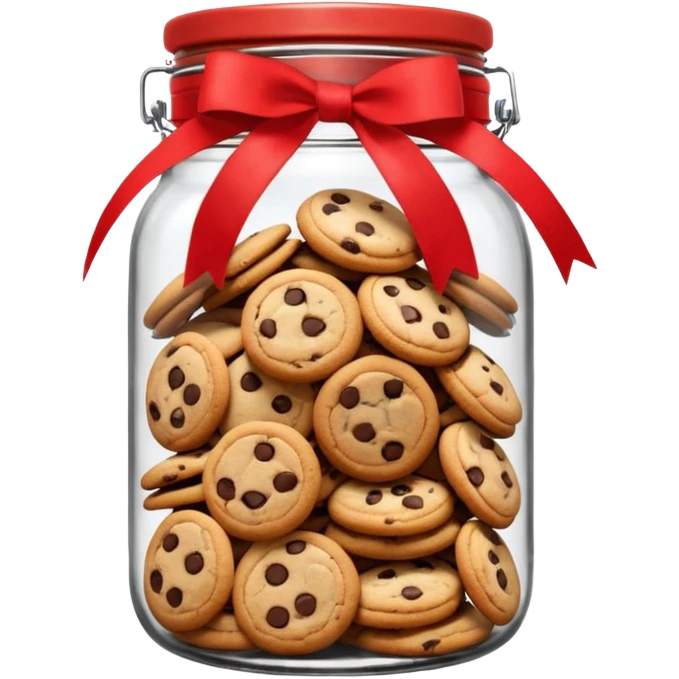 A chewy chocolate chip cozy cookie in an organized jar, saying "Cookie Jar" with some small illustrations on the jar to indicate there are cookies stored inside, a big red ribbon on the lid emoji