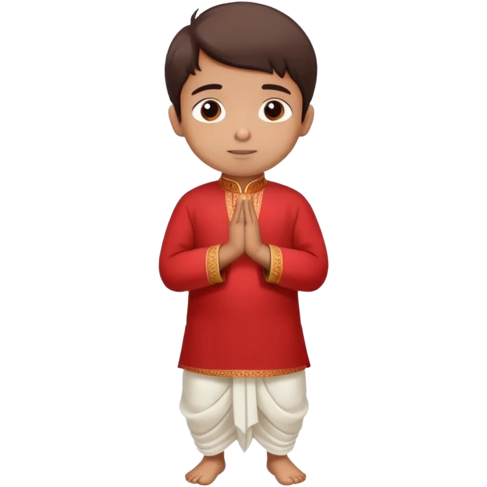 Full body Bengali boy wearing traditional red kurti and white dhoti with hands joined in prayer position emoji