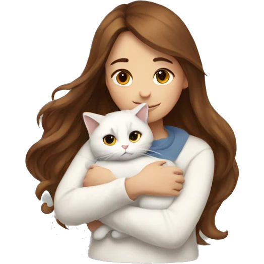 a girl with long brown hair, in a white sweater, hugs a fold cat. emoji
