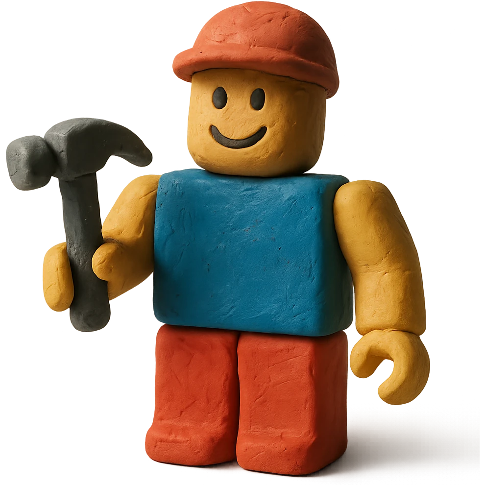 roblox character, blocky avatar, holding a tool, friendly smile, claymation style emoji