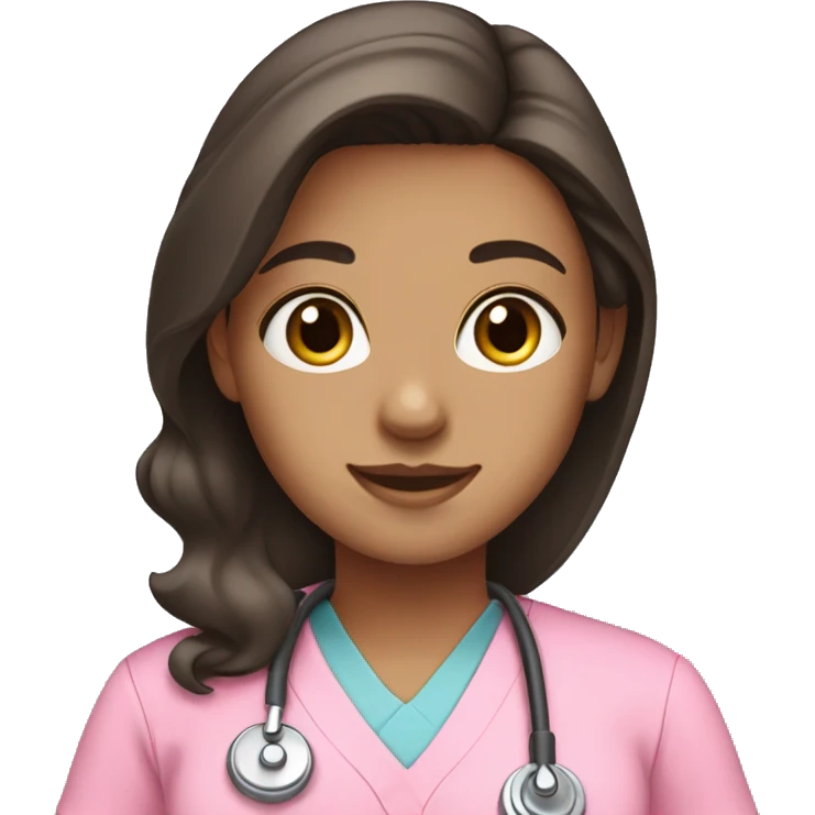 girl with middle part and dark brown hair in pink scrubs emoji