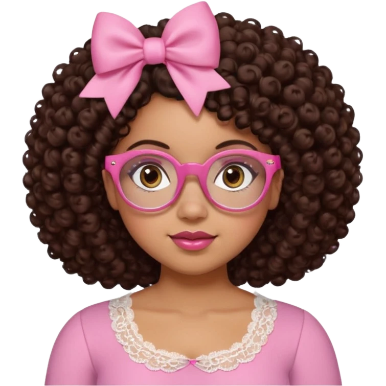 medium-light kinned afro-latina girl with medium length chocolate brown side part curly hair, small pink bow, brown glasses, brown eyes, pink and white sweetheart necklined top with lace, round wide-ish nose, chubby oblong face emoji