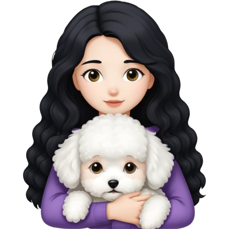A girl with long straight black hair hugs a white curly-haired Bichon Frise puppy emoji