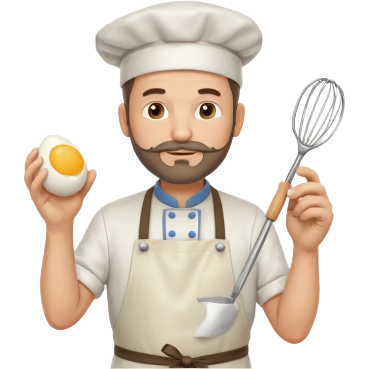 Middle aged male pastry chef - with a small beard, apron, white hat, holding an egg beater in his right hand, and his left hand naturally hanging down to his side emoji
