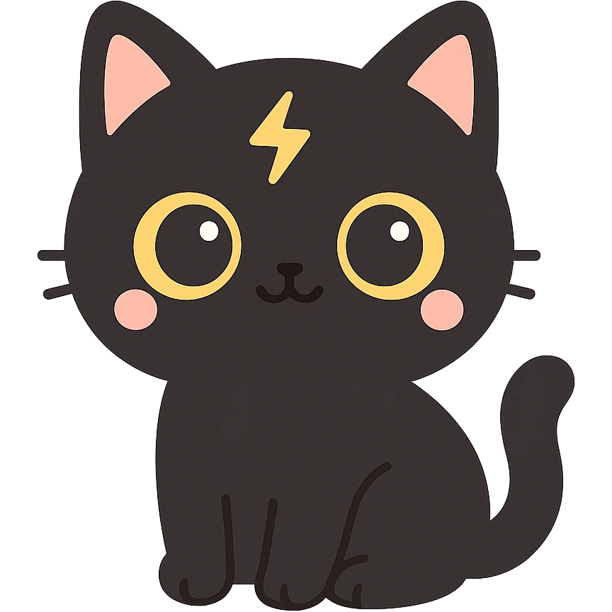 cute black cat with big yellow eyes, thunder scar on forehead like Harry Potter emoji