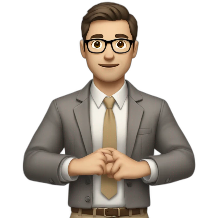 To belt Actively gesturing with hands Pale skinned fit man teacher with dark brown hair in gray jacket, beige office shirt, brown tie, brown pants and vintage glasses. emoji