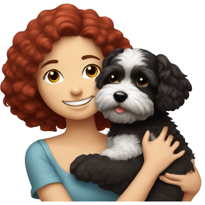 Dark-red-haired girl hugs  her Maltipoo-Black-dog emoji