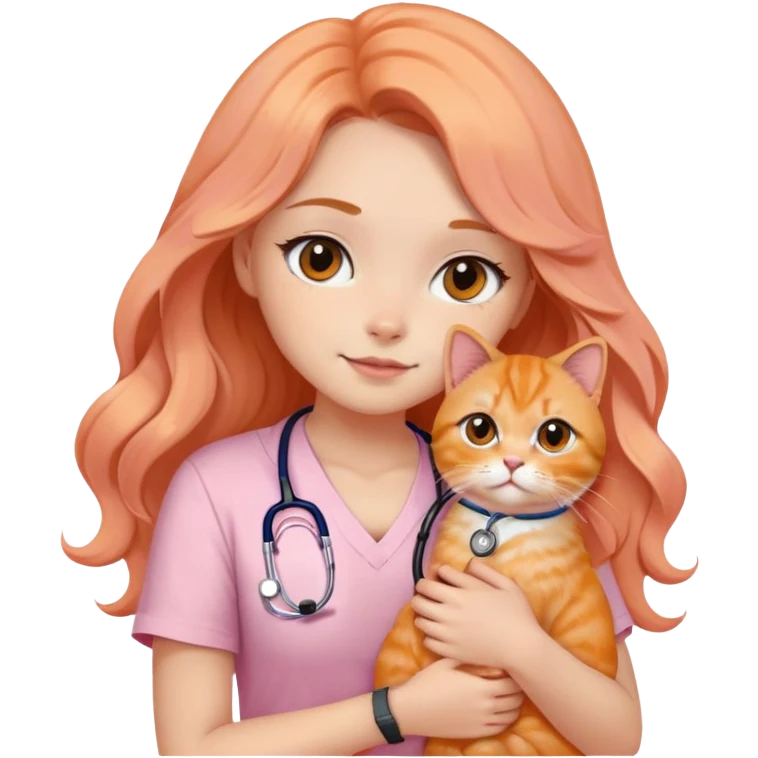 a girl with black eyes and long wavy hair, wearing a soft pink short-sleeved round neck tshirt with a stethoscope on her neck while hugging an orange persian cat emoji