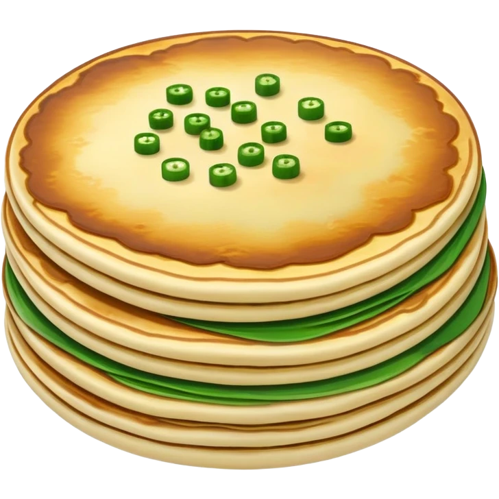 Chinese scallion pancake with visible layers and green onions, simplified emoji style with bold outlines and bright colors, cartoon style crispy Cong You Bing emoji