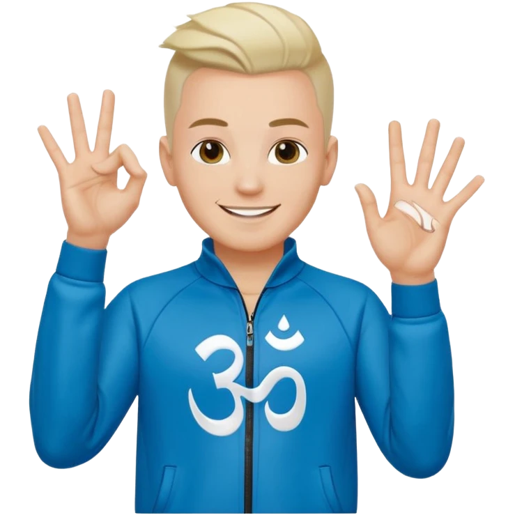 rapeur jul en emoji ios, blanc, rasé sur les cotés, cheveux au centre dressés au gel, signe J avec les mains, survet de l'om emoji