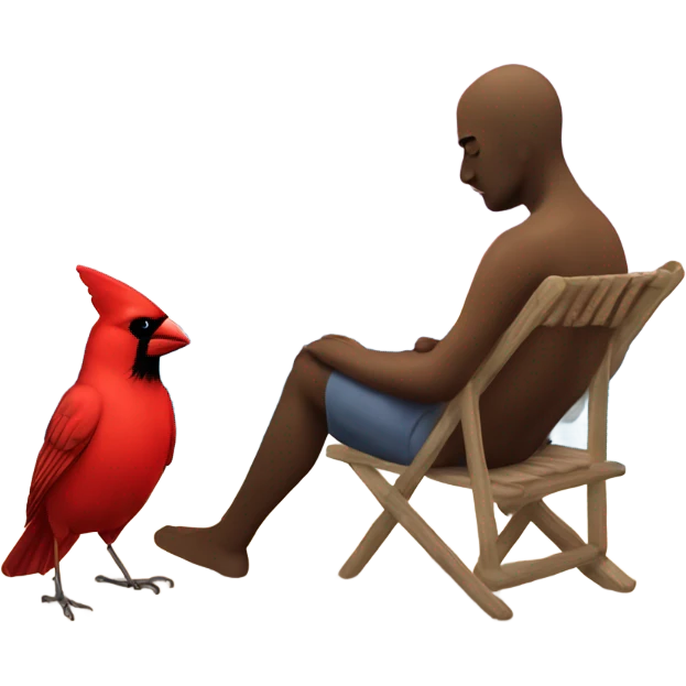 Create a picture of a person and a cardinal that are sad from grief sitting on beach with palm trees during a sunset emoji