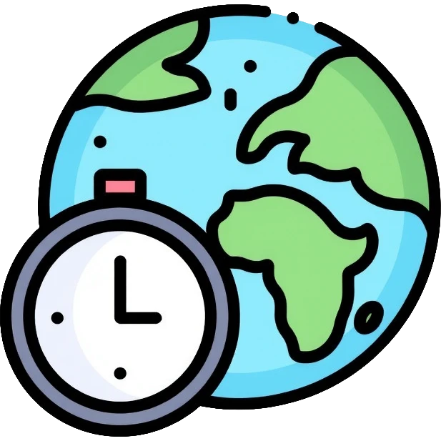 Earth globe with a small clock in the bottom corner, timezone icon emoji