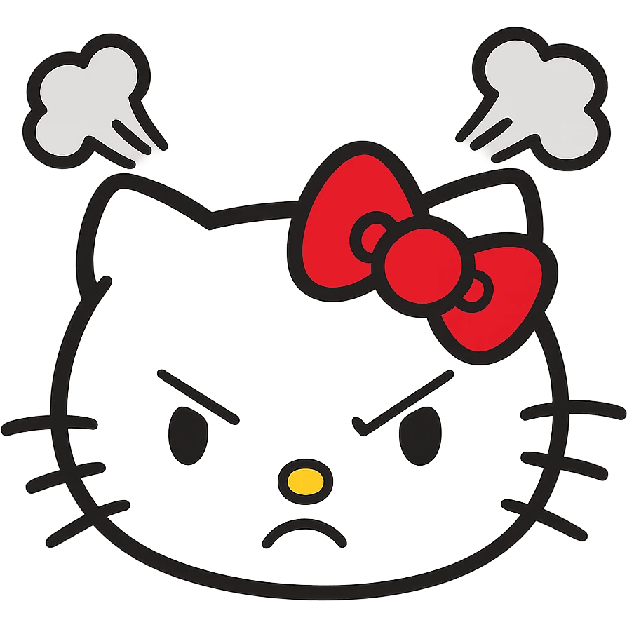 angry Hello Kitty, red bow, steam coming from head emoji