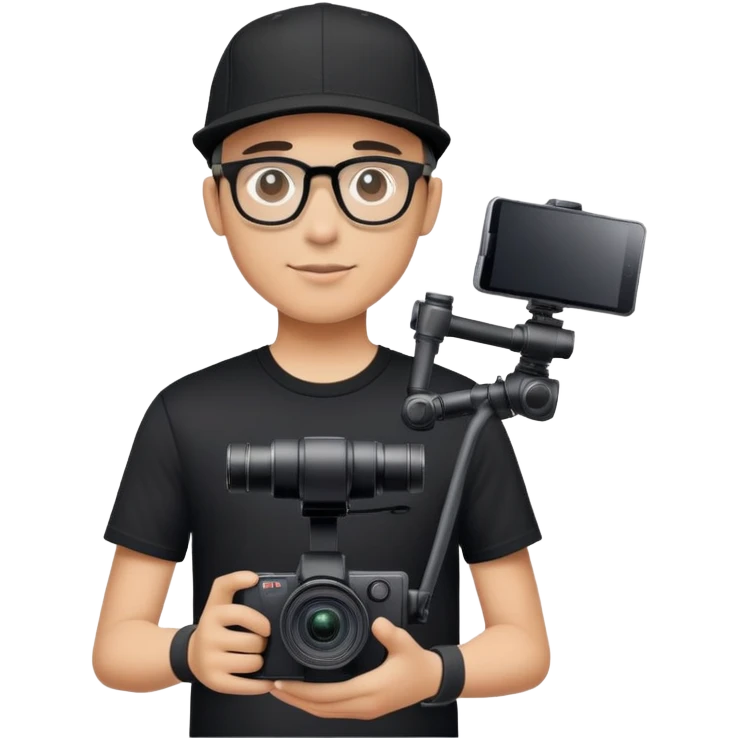 A videographer with a dji steadicam and a Sony camera, wearing a black T-shirt and a black cap. He also has thin-rimmed glasses. emoji