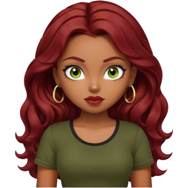 a pretty fair bratz girl with wavy dark red hair, wearing a black tee. eyeliner on, olive green eyes. Till stomach emoji