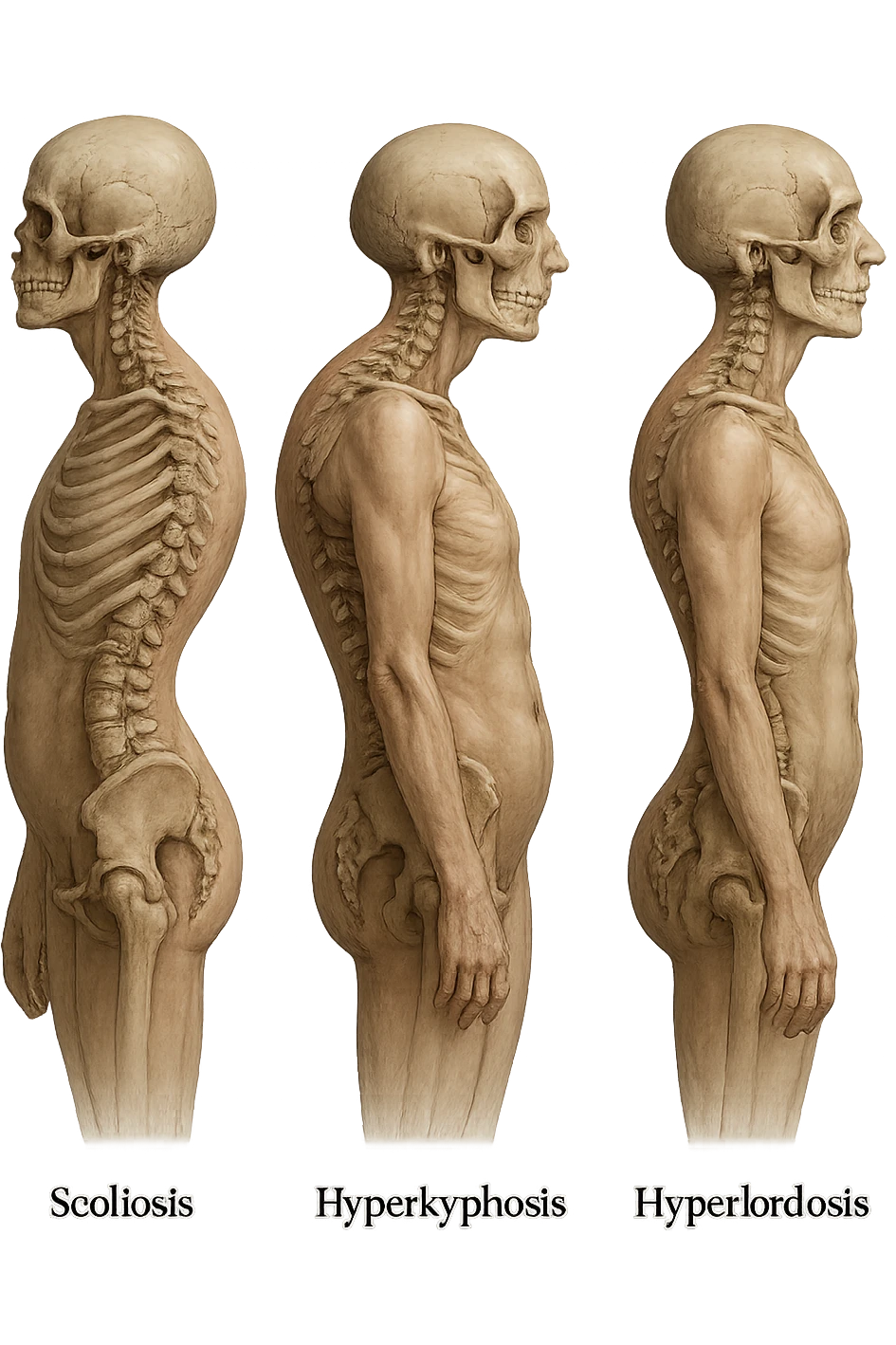 fai un immagine identica che riguarda 3 posture scorrette: scoliosi, ipercifosi e iperlordosi. falla iperrealistica anatomica in 4k con spina dorsale storta in evidenza su ogni figura emoji