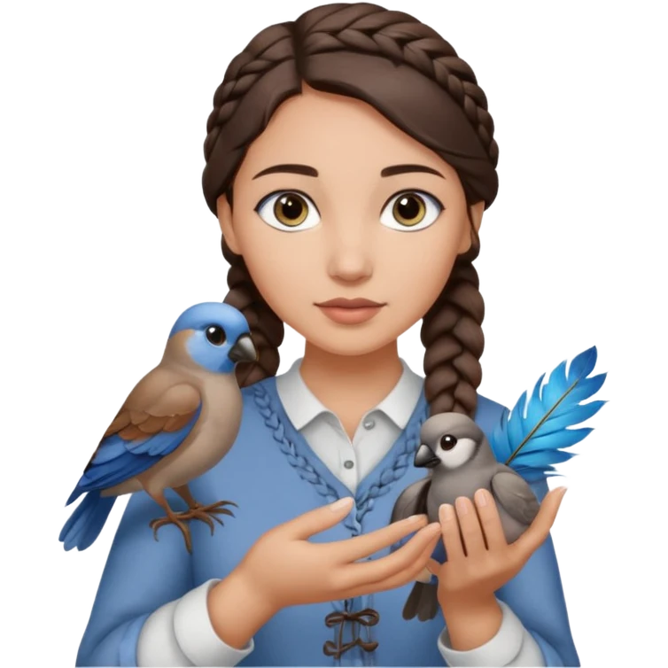 женщина с темно-коричневой косичкой набок и серо-голубыми глазами и светлой кожей держит на руке трех птиц коричневого и серого цвета emoji