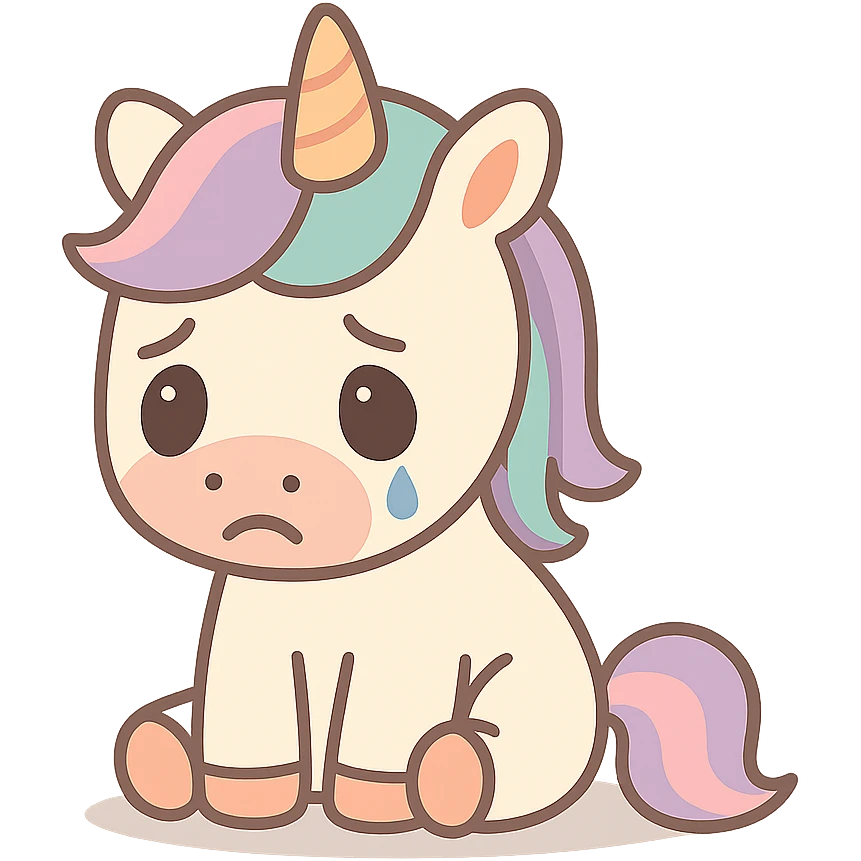 Remove the background, keep the depressed unicorn with slouched posture and a teardrop, pastel tones, transparent background. emoji