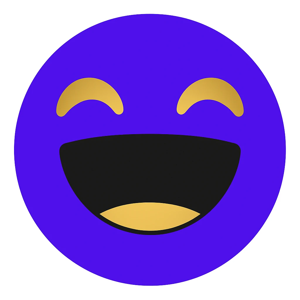 Create a laughing emoji using the brand's purple and gold face as the base. Add a wide open mouth and joyful eyes to express laughter, keeping the brand colors and style consistent. Maintain the brand's purple and gold color scheme and style in the design. emoji