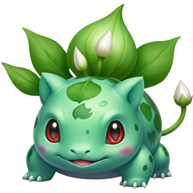 Bulbasaur with a green, unopened plant bulb with layered petals, resembling a garlic or lily bud on back emoji