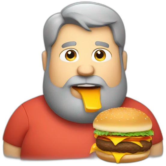 Fat man with grey short hair and a big beard eating a burger emoji