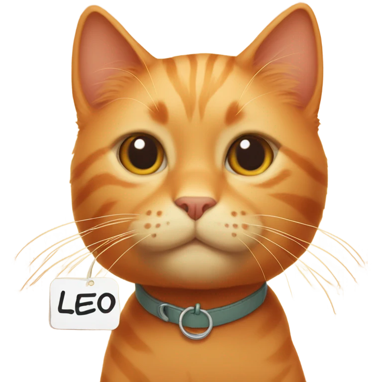 orange cat with name tag saying 'LEO' emoji