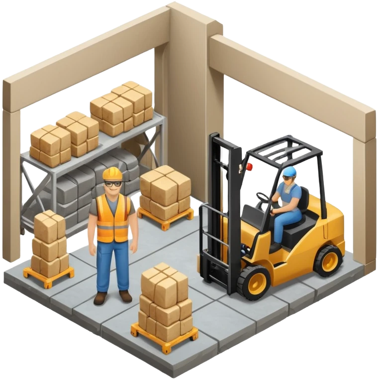 cnc machien curtting stone slab standing in a warehouse with human personelle and forklift isometric view emoji