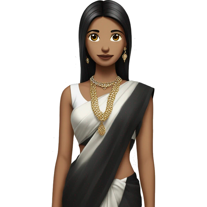 hair straight, black hair, white face colour, slender face, wearing a trendy saree and accessories, full body, sharp jawline, edgy emoji