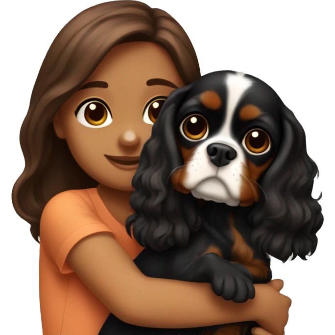 cute girl hugging two black and brown cavalier king charles spaniel  emoji