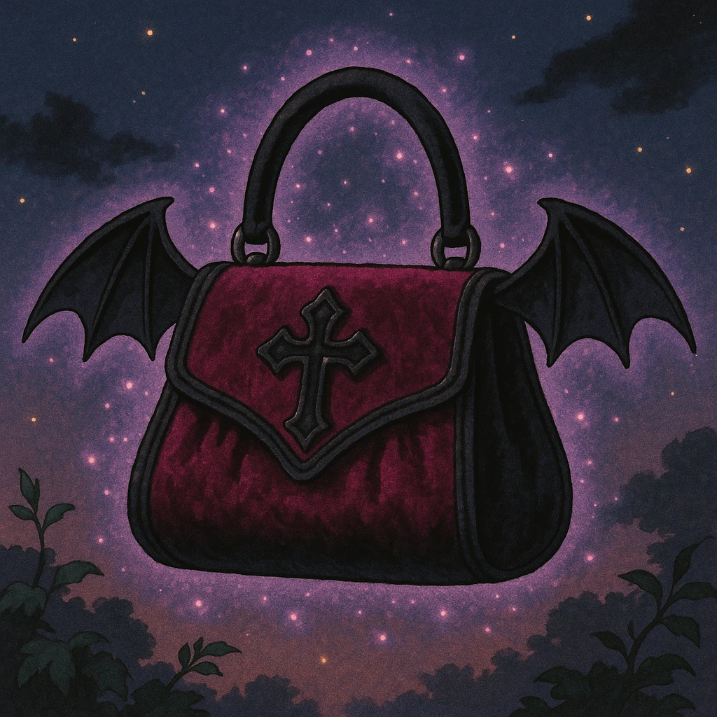 pink and black gothic purse, bat wing accents, velvet texture, magical aura emoji