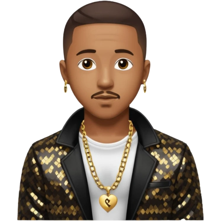 Marques Houston with dark brown hair, black sequin jacket, shirtless with necklace emoji