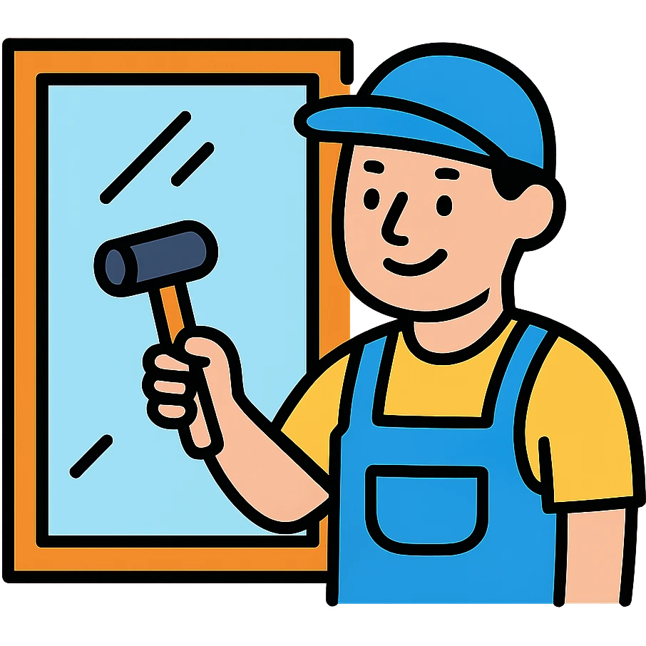 Window repair craftsman smiling while holding a small rubber mallet in his hand, looking at window he's fixing emoji