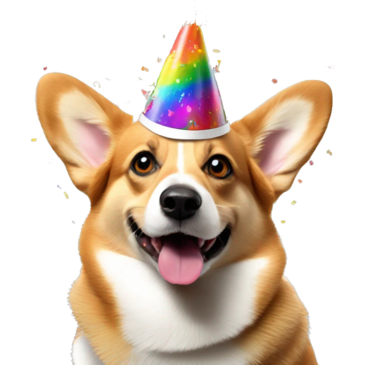 a corgi dog celebrating with a lot of colorful confetti around  it and a birthday hat emoji