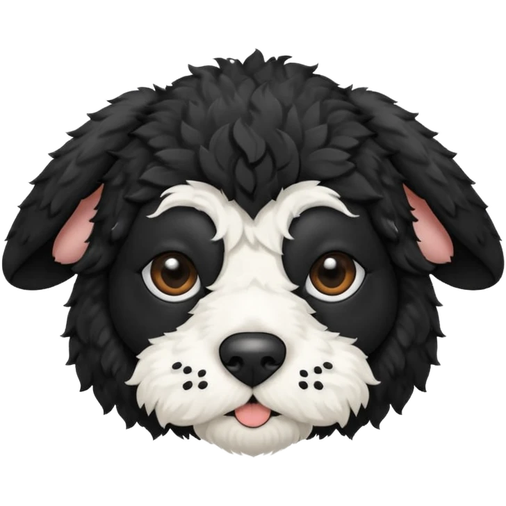 black and white cockapoo - give him a white chest, black ears and black fur covering his eyes, but then a white snout and an upside down white triangle-shaped patch of fur on his forehead emoji