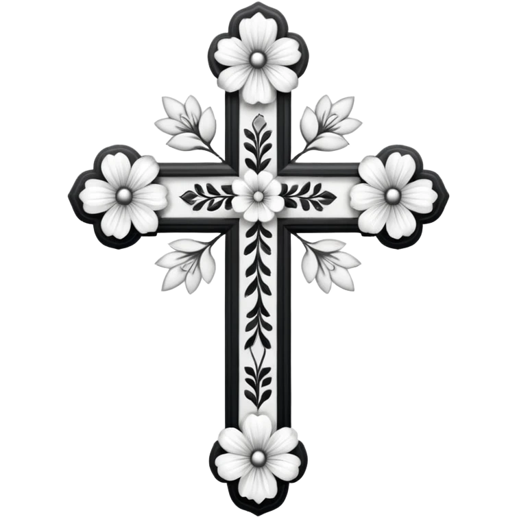 a black and white detailed cross with flowers over lapping emoji