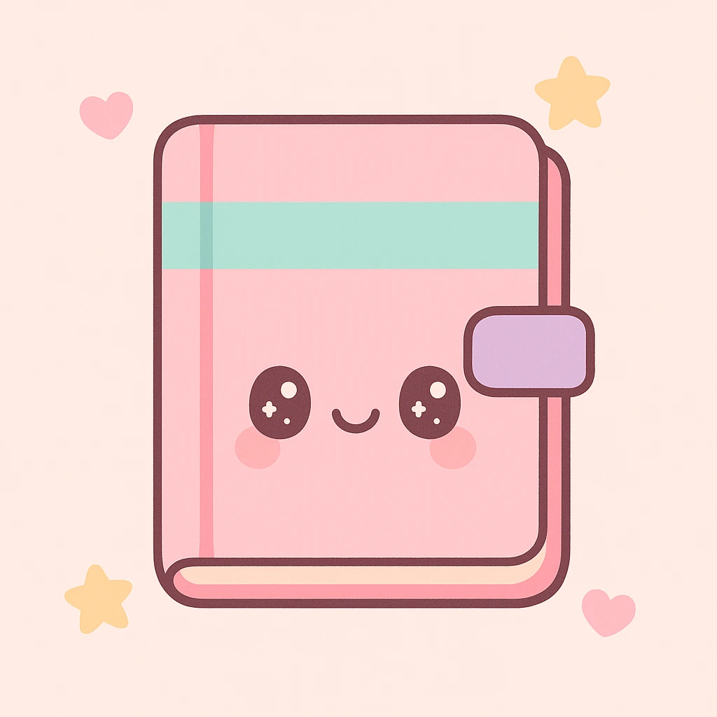 a diary, cute kawaii style, with a smiling face and pastel colors emoji