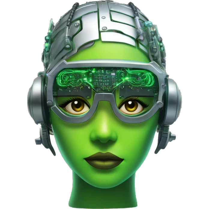 Neon green bobbed hair Latina female cyborg head with silver steampunk goggles and circuits emoji