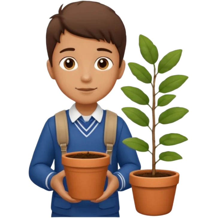 young boy wearing packpack, wearing uniform, holding a plant pot emoji