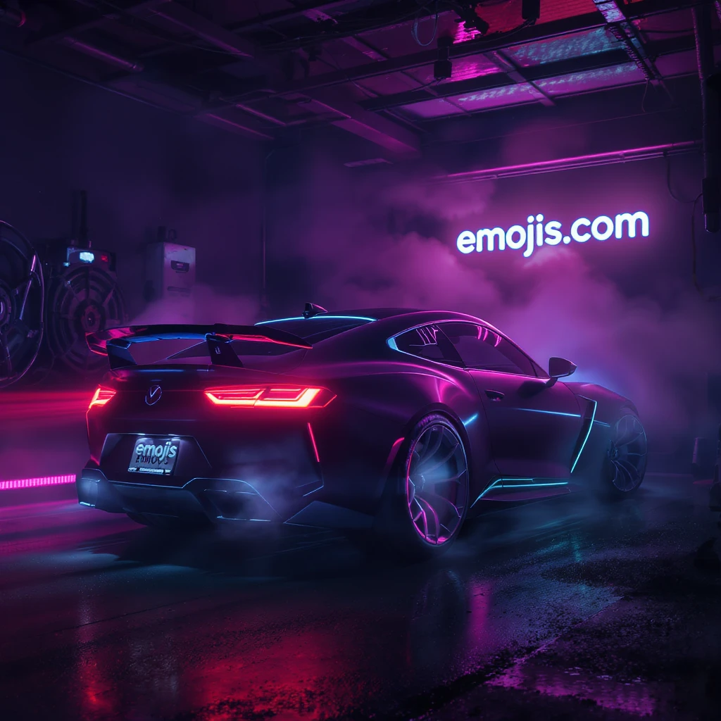 Cinematic still of a futuristic car parked in neon garage with led behind saying "emojis.com", room fill with haze, very detailed and futuristic ,inspired by cyberpunk 2077 emoji