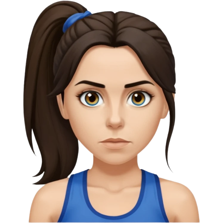Melanie C with hazel eyes, dark brown long ponytail hair, blue tank top emoji
