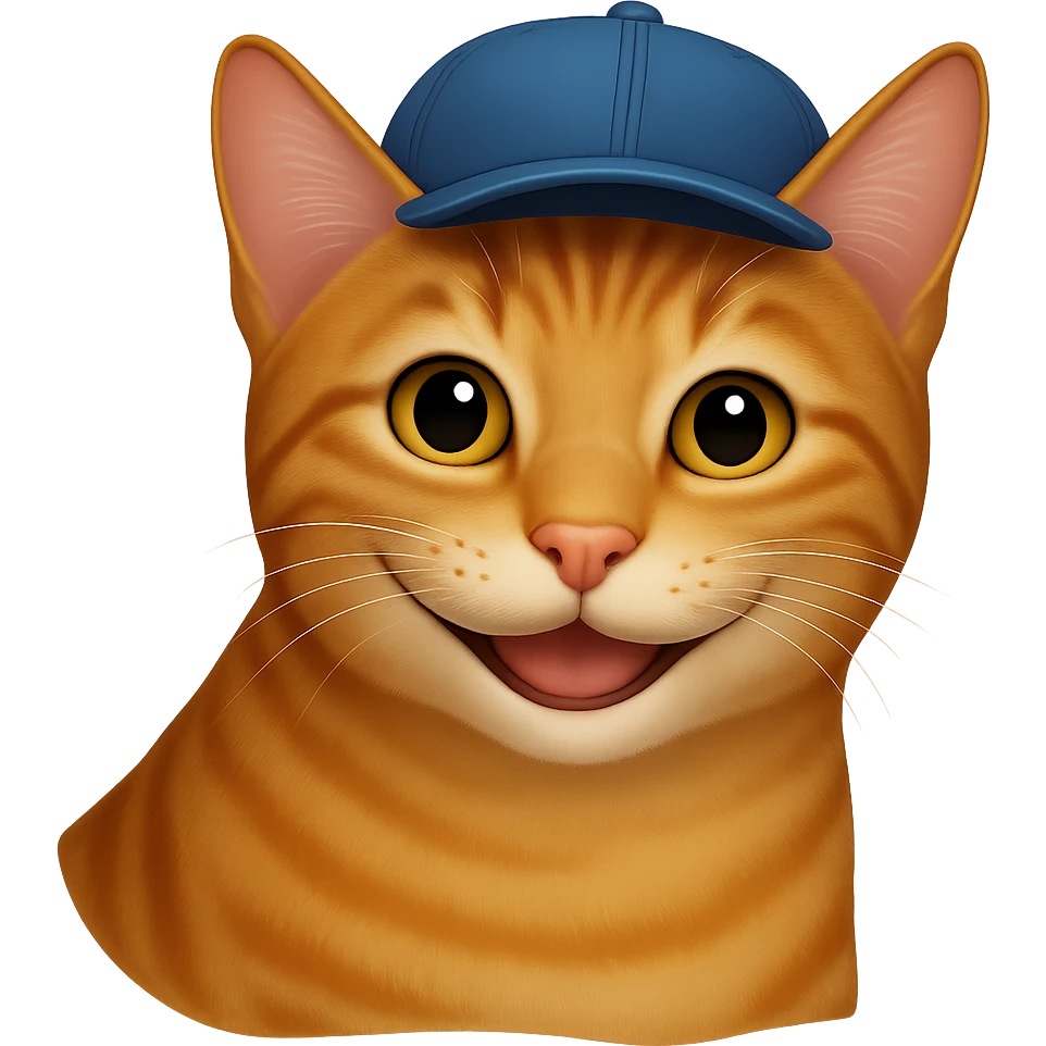 Change the cat's face expression to smiley, keep the blue cap, and set the background to transparent. Maintain a style as close to the original realistic emoji as possible, with detailed fur texture and lifelike appearance. emoji