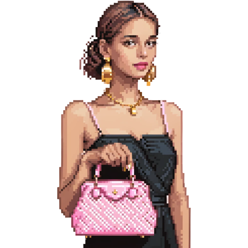 woman with gold earrings holding a pink purse emoji